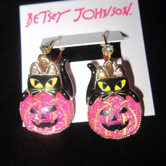 New Betsey Johnson Faux Stone Cat Pumpkin Drop Earrings - Picture 6 of 8